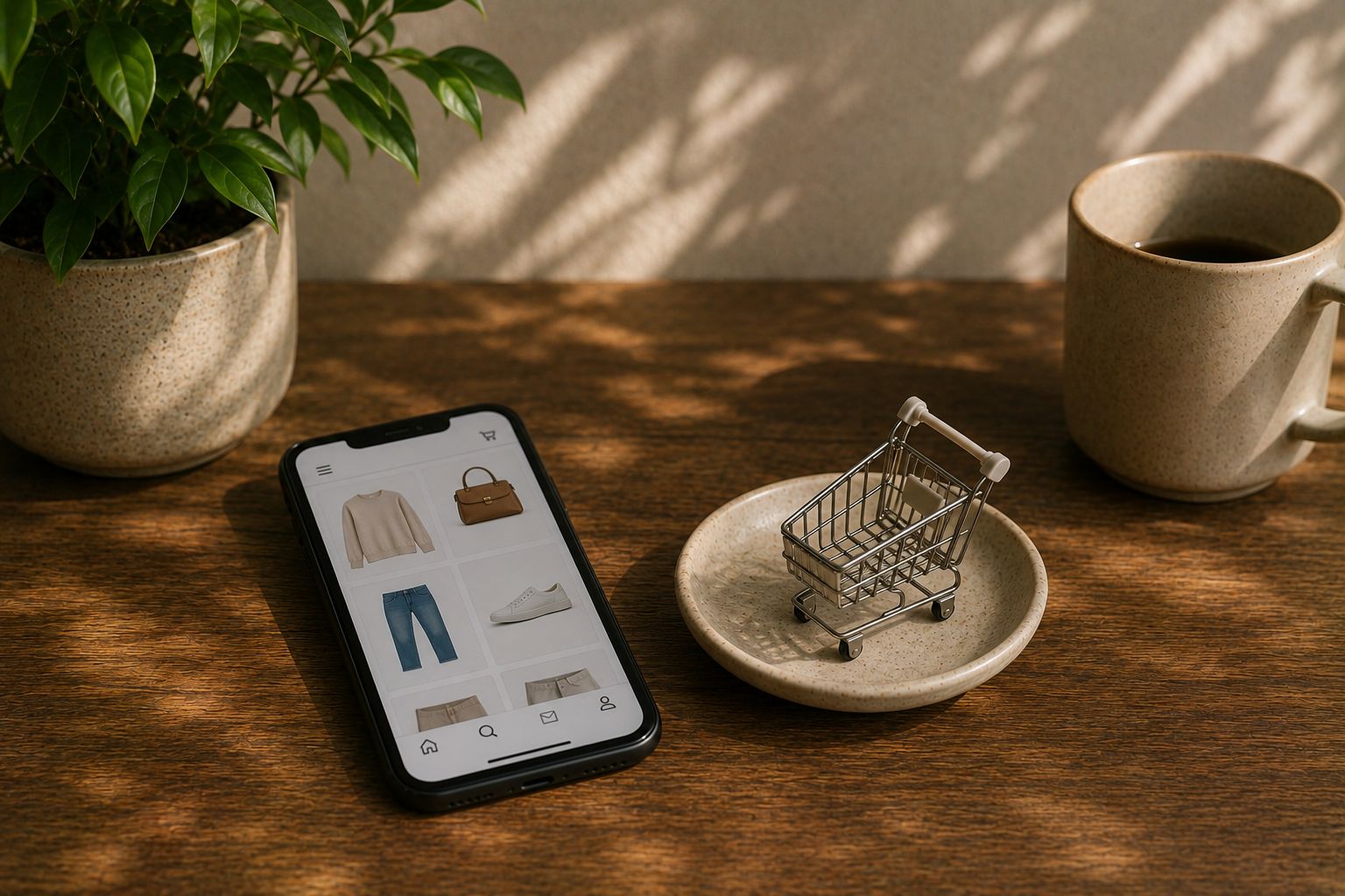 A stack of unopened Amazon boxes beside a phone showing a quit-online-shopping tracker