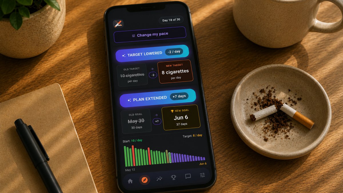 Phone screen showing a quit-smoking taper tracker app beside a crushed cigarette pack