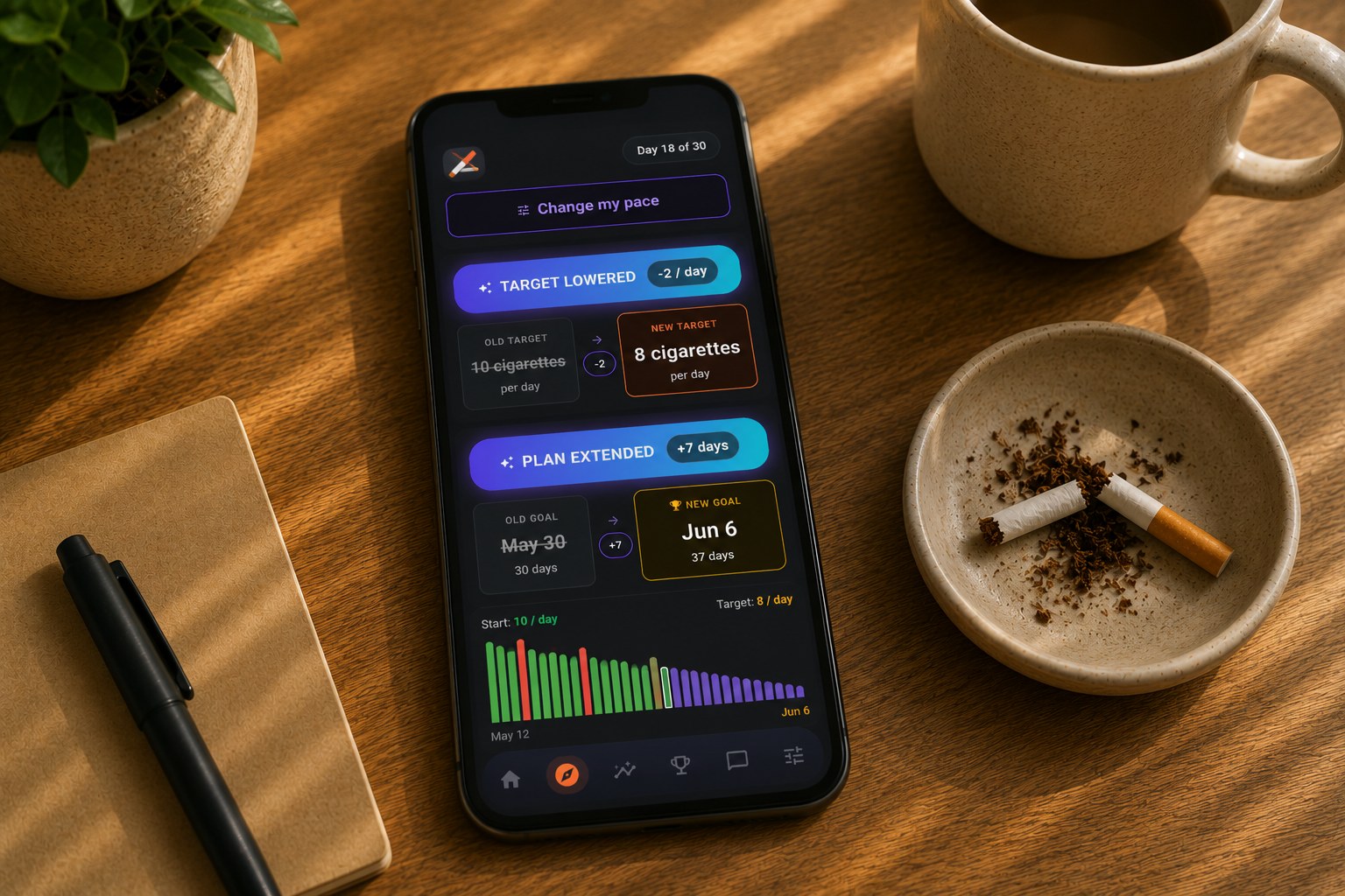 Phone screen showing a quit-smoking taper tracker app beside a crushed cigarette pack