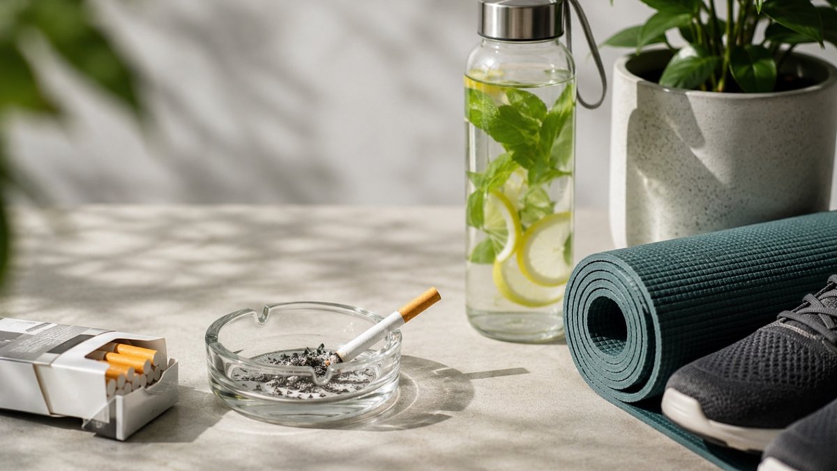 A single cigarette resting on the edge of an ashtray with thin smoke