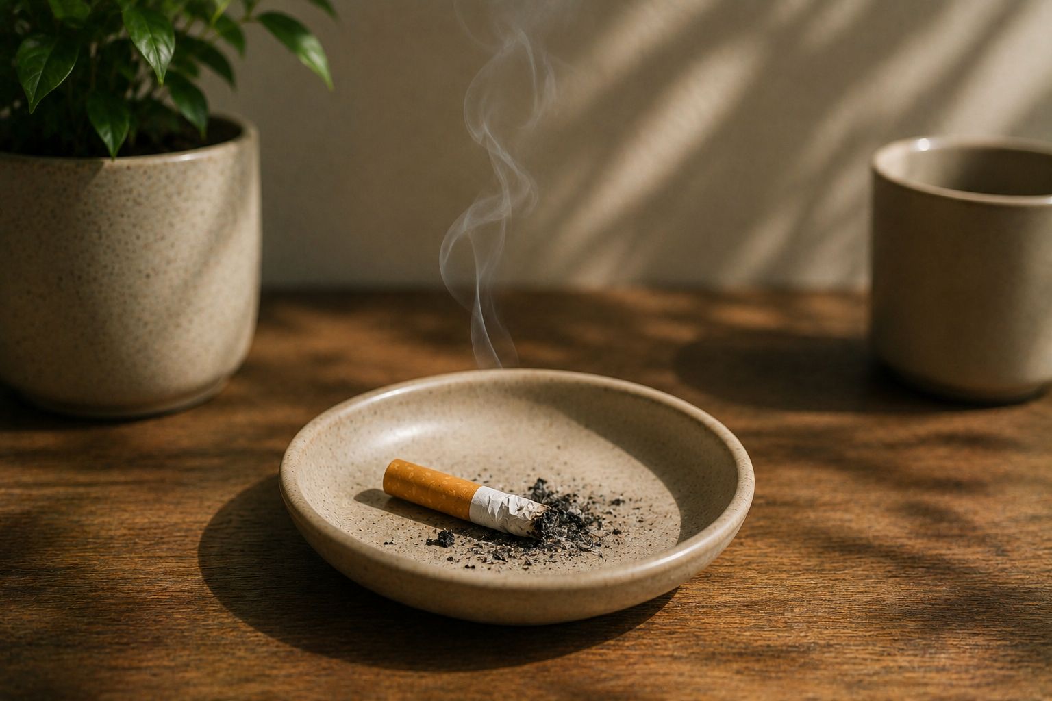 A pack of cigarettes and a lighter beside a phone showing a quit-smoking taper tracker