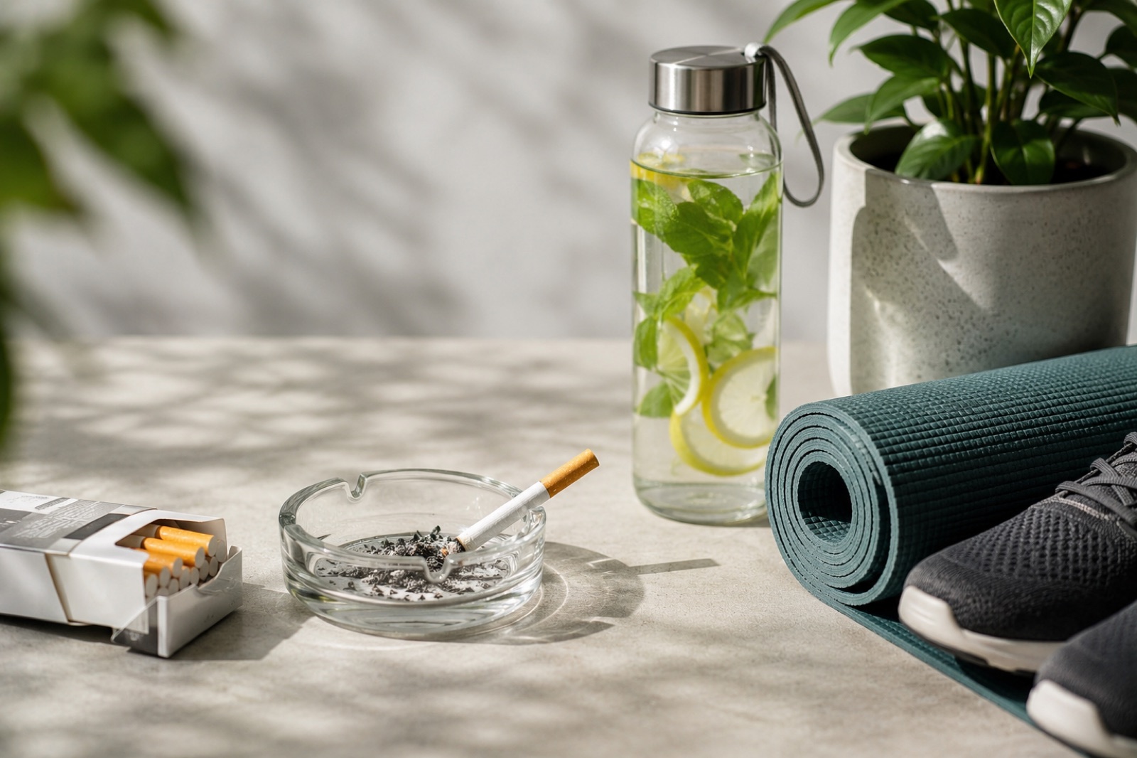 A single cigarette resting on the edge of an ashtray with thin smoke curling upward