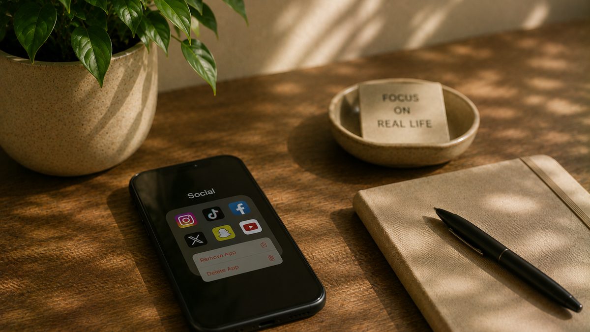 A phone showing social media apps being moved to a hidden folder beside a screen-time tracker