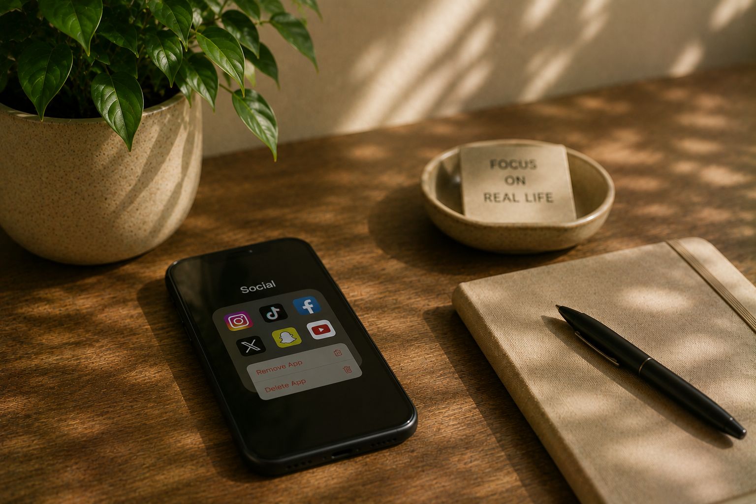 A phone face-down on a desk beside a notebook and a quit-social-media tracker app screen