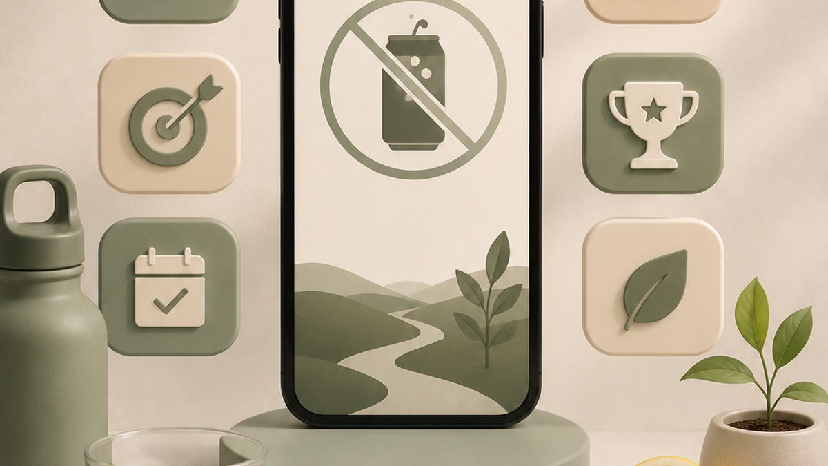 Phone showing a quit soda habit tracker app beside an empty soda can