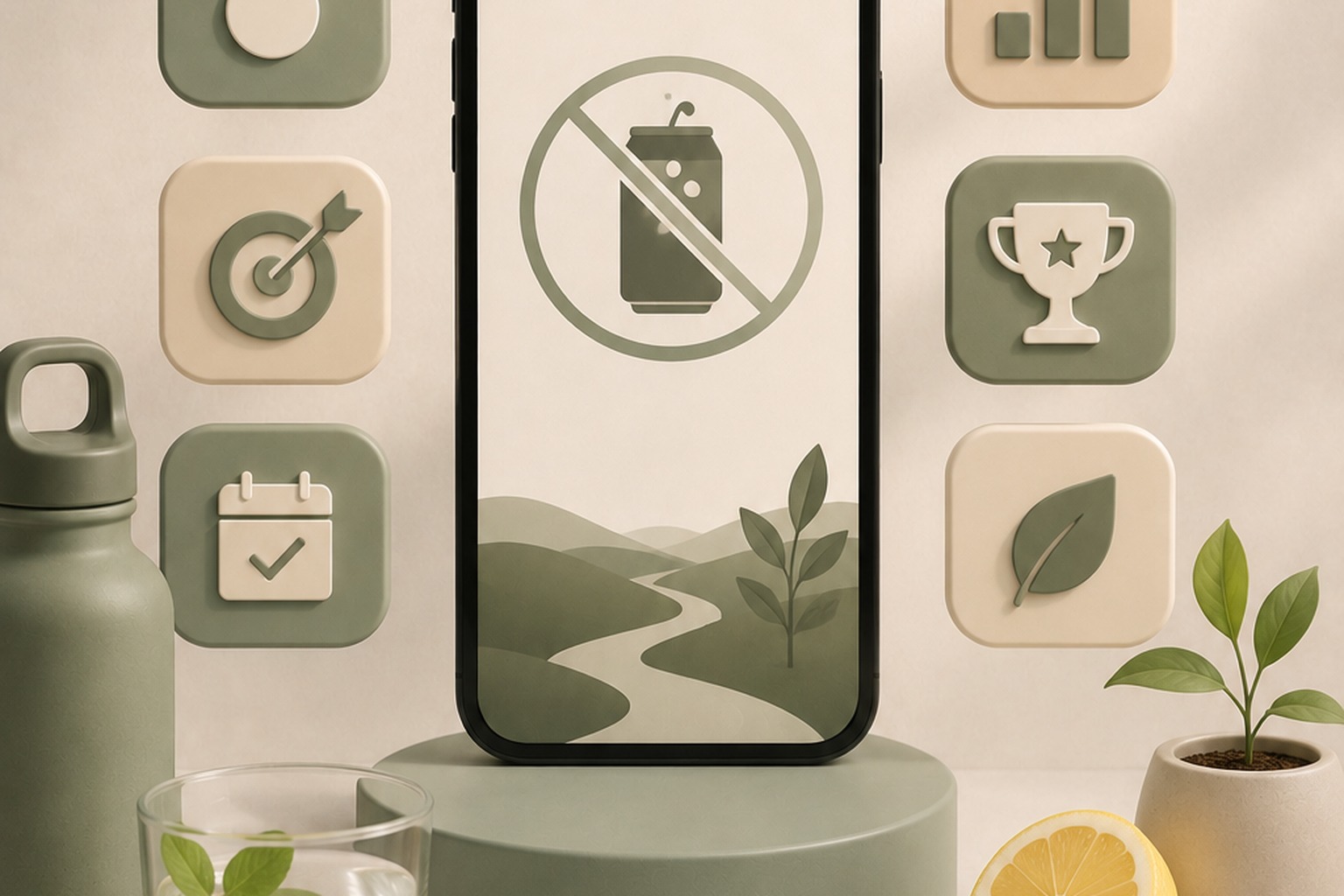 Phone showing a quit soda habit tracker app beside an empty soda can