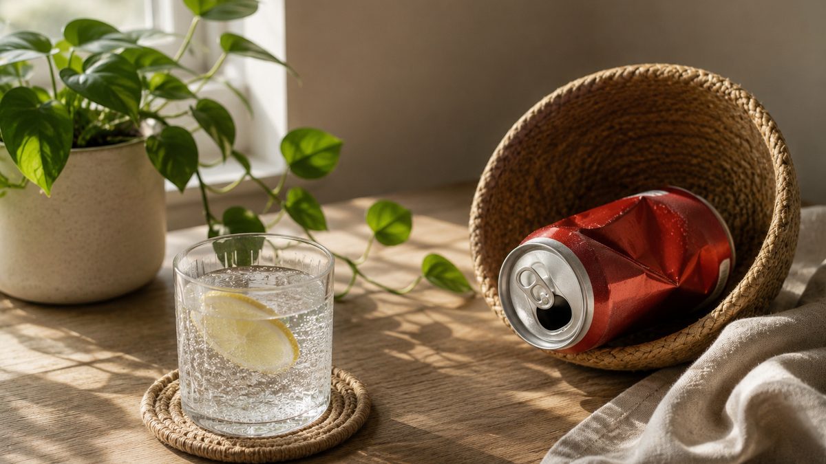 A soda can beside a phone showing a 30-day quit-soda taper tracker