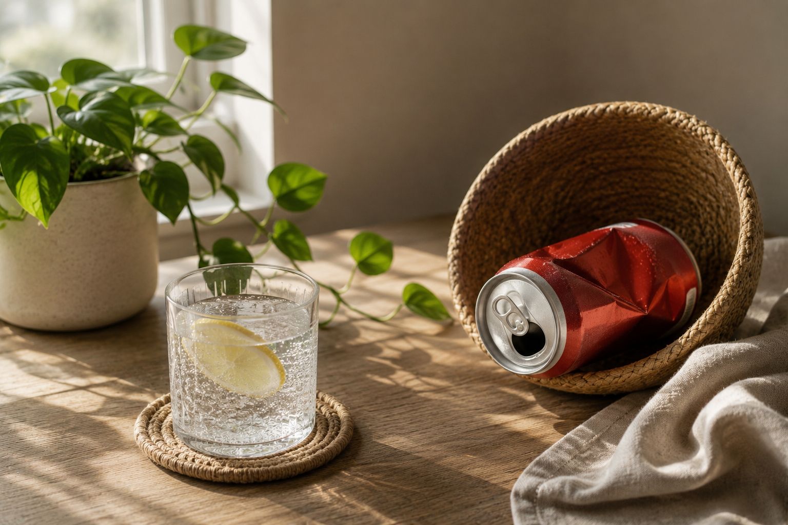 A glass of sparkling water with lime beside a phone showing a quit-soda taper tracker