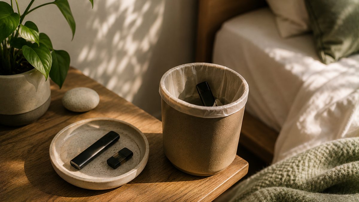 A vape device beside a phone showing a quit-vaping tracker app
