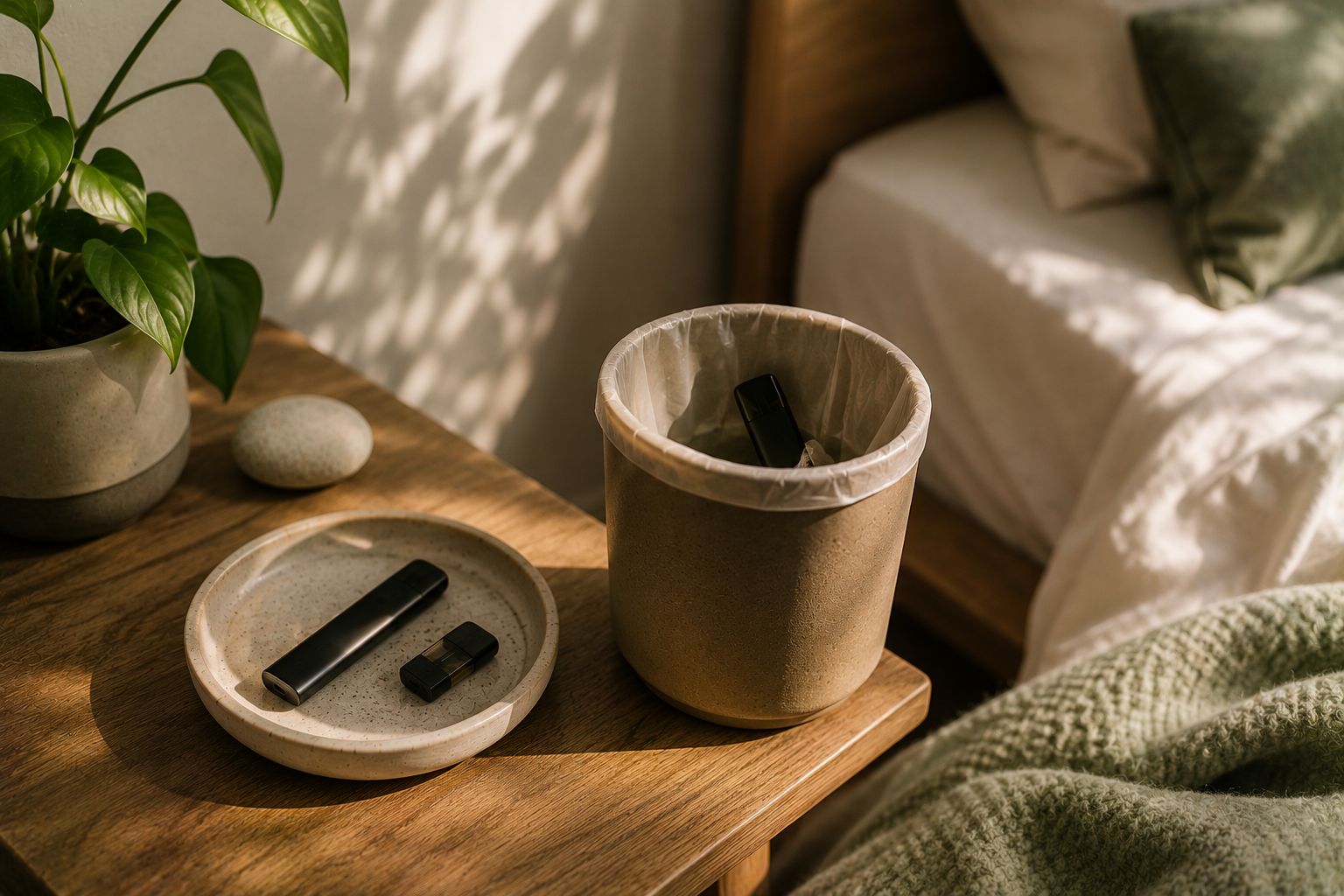 A vape device beside a phone showing a quit-vaping tracker app
