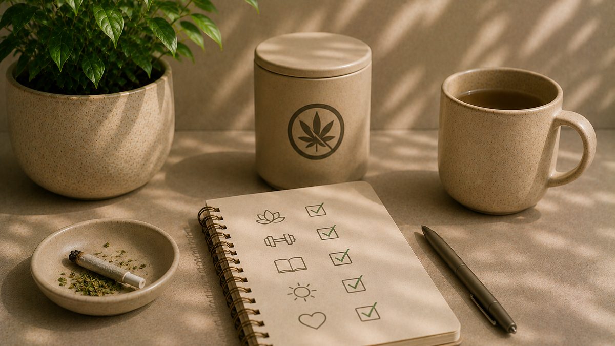 A small herb tin and lighter on a desk beside a phone showing a quit-weed taper tracker