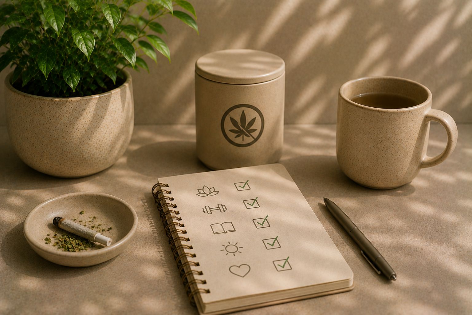 A small herb tin and lighter on a wood desk beside a phone showing a quit-weed taper tracker