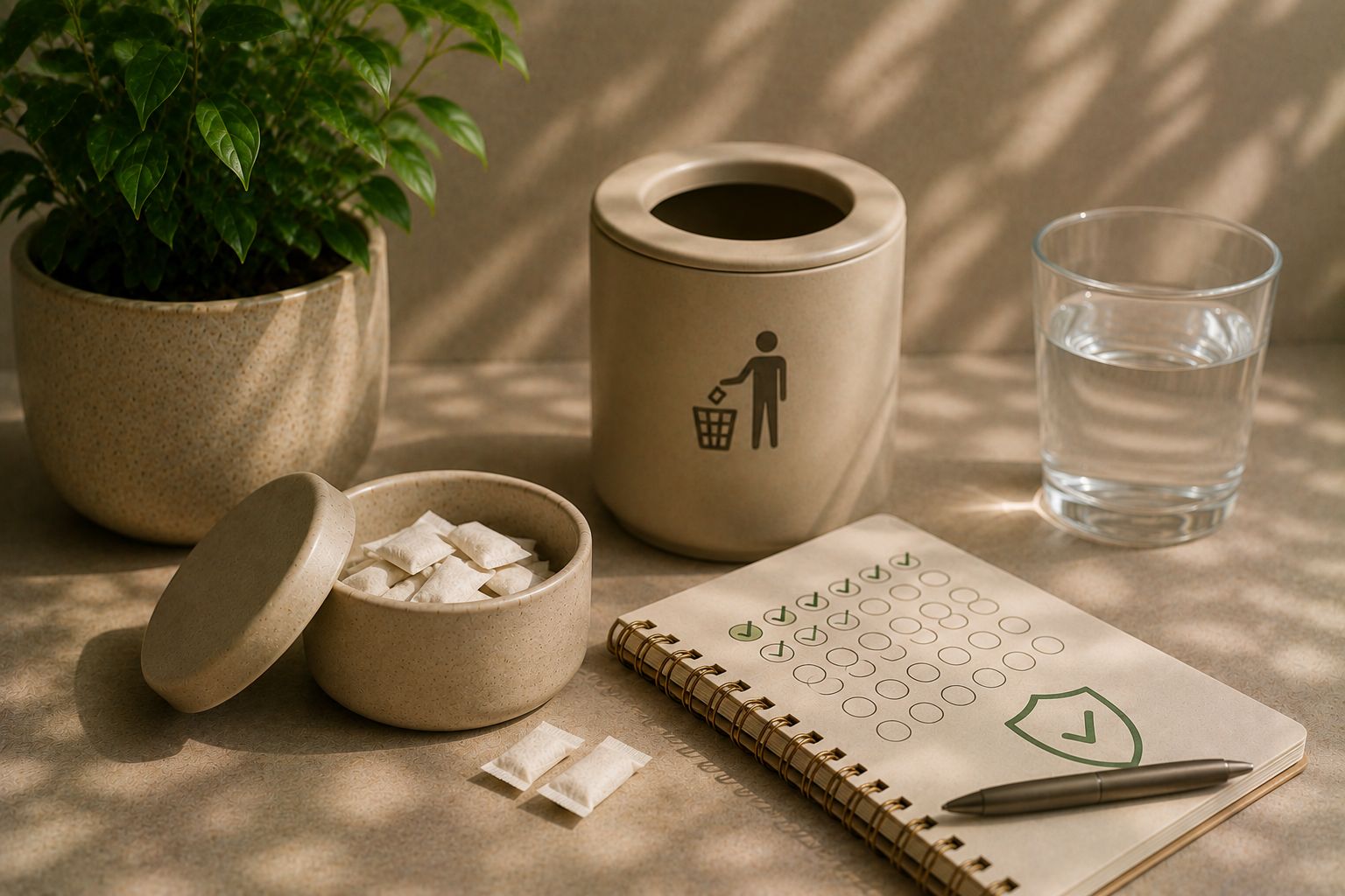 A tin of nicotine pouches on a desk beside a phone showing a quit-ZYN tracker, soft daylight