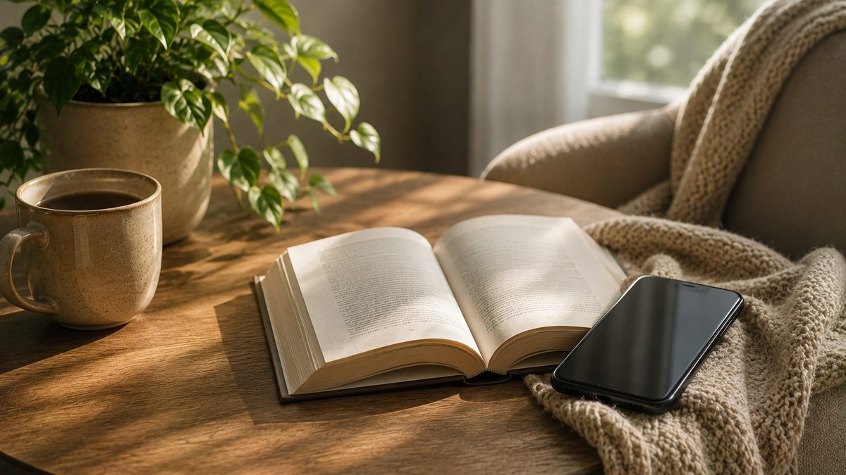 An open book on a nightstand beside a face-down phone with a warm bedside lamp