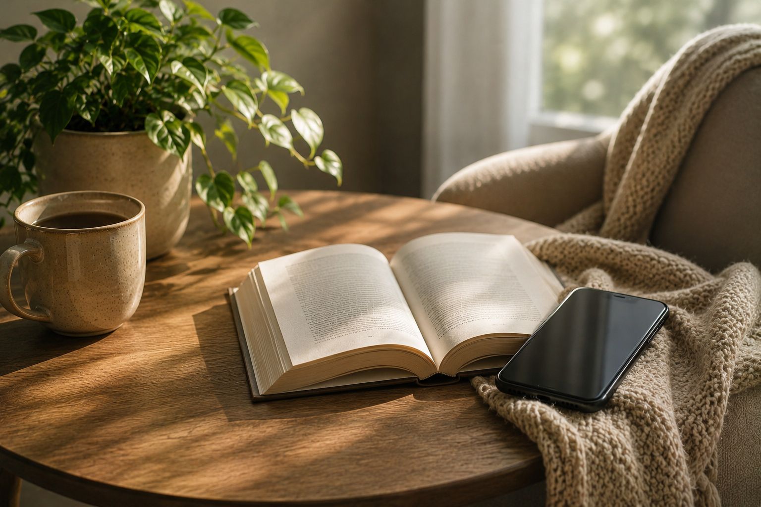An open book on a pillow under a warm bedside lamp with a phone face-down on a charger across the room