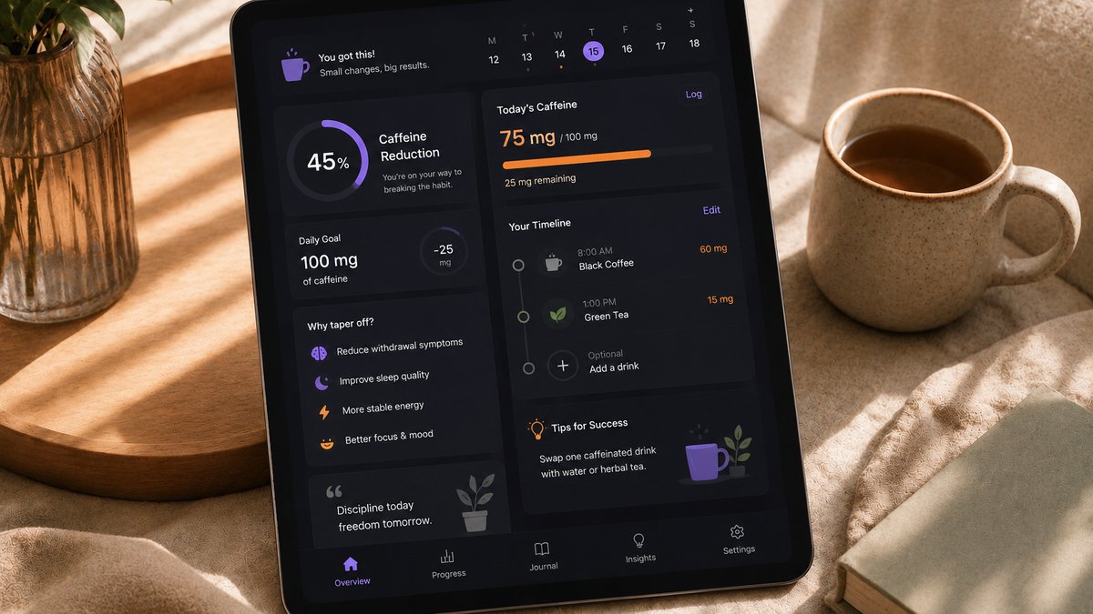 Phone showing a caffeine reduction tracker app beside a coffee cup
