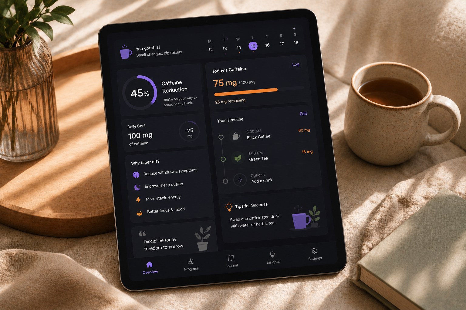 Phone showing a caffeine reduction tracker app beside a coffee cup