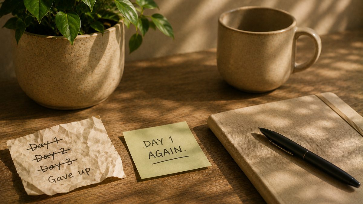 A calendar with broken streak entries and a fresh restart marker beside a habit tracker