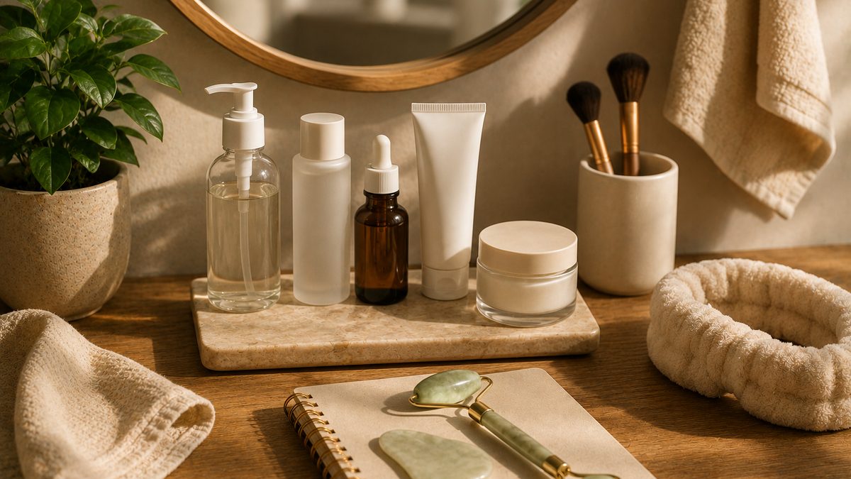 A minimal skincare counter with three labeled bottles in morning light, beside a phone showing a skincare tracker