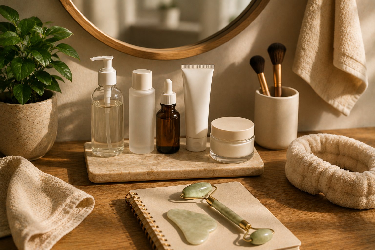 A minimal skincare counter with three labeled bottles in morning light