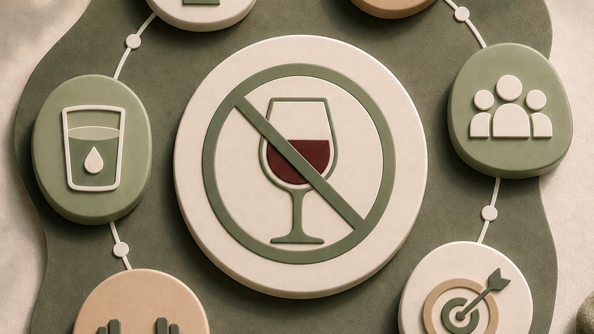 Person holding a non-alcoholic drink at a social event with a phone showing a sober curious tracker