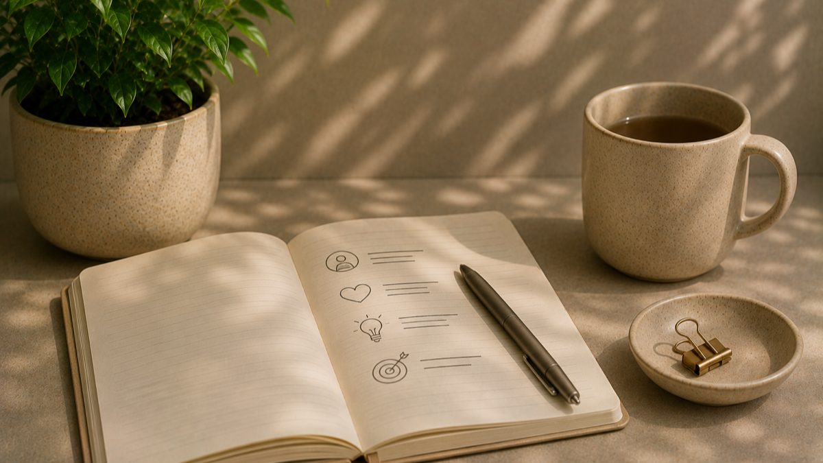 An open notebook and pen beside a phone showing a journaling tracker