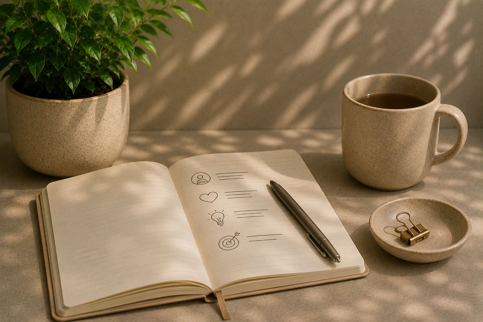 An open notebook and pen beside a warm mug and a phone showing a journaling tracker, soft evening light