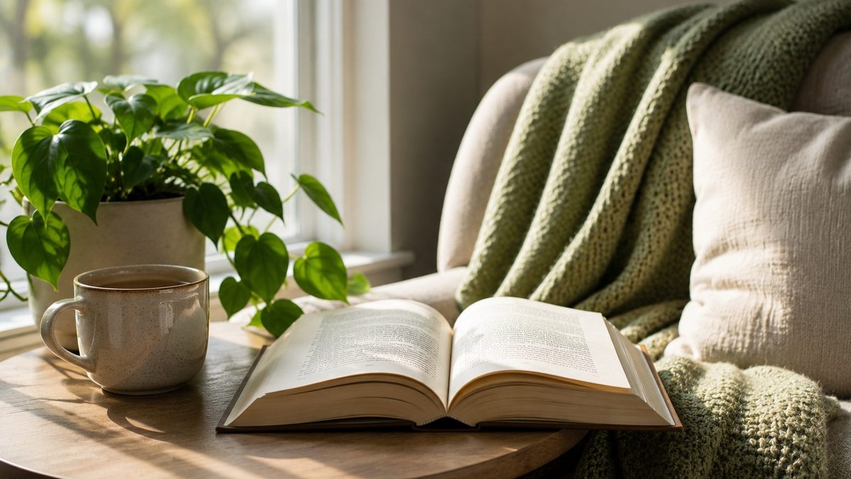 A stack of books beside a warm mug, with a reading-tracker phone screen overlaid