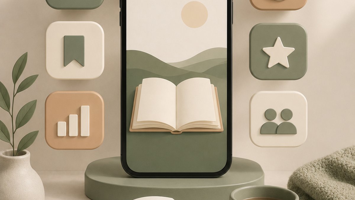 Phone showing a reading habit tracker app beside an open book