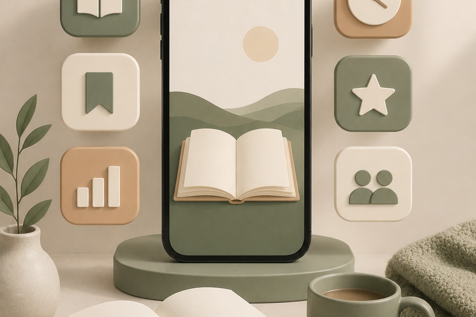 Phone showing a reading habit tracker app beside an open book