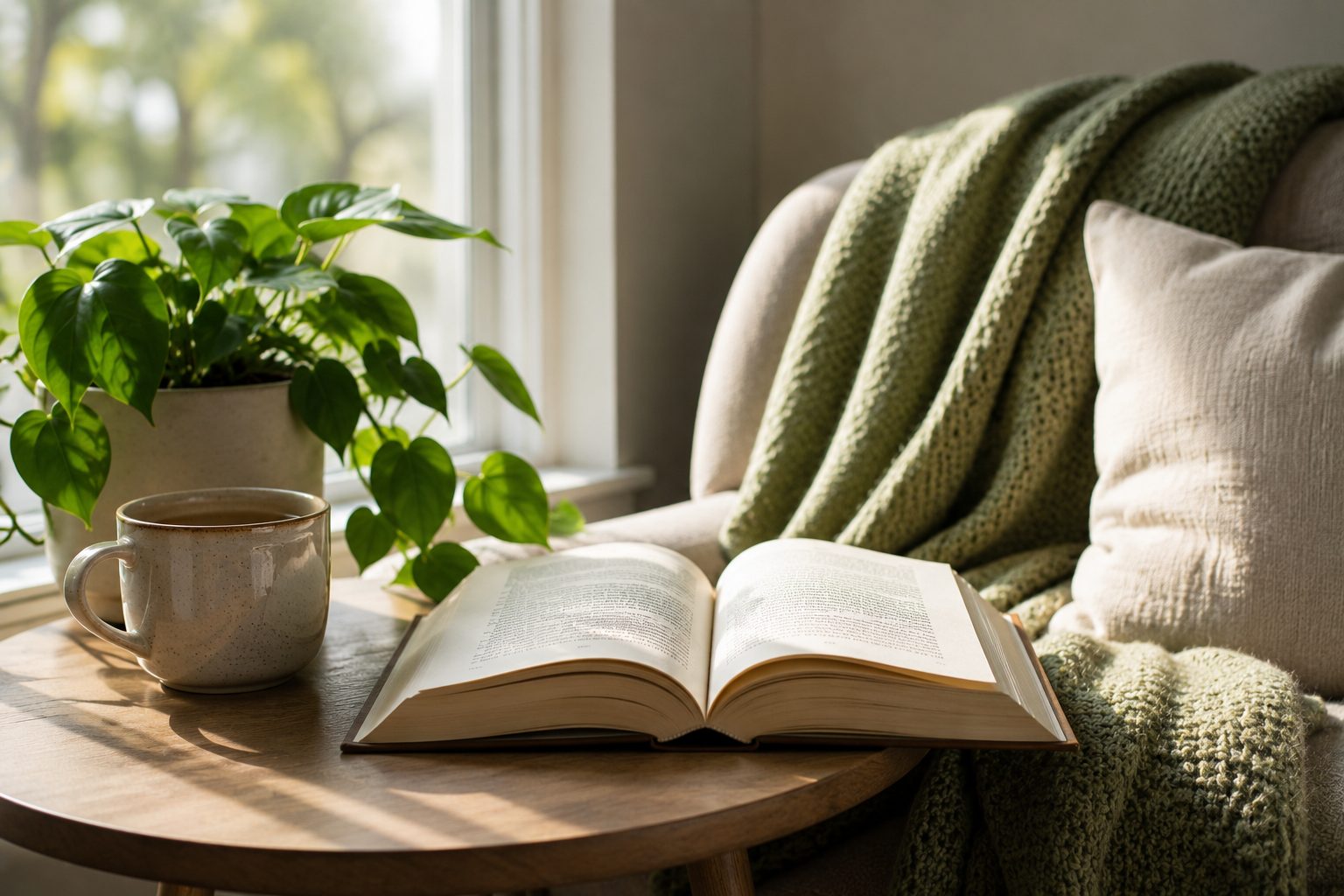 A stack of books beside a warm mug, with a reading-tracker phone screen overlaid