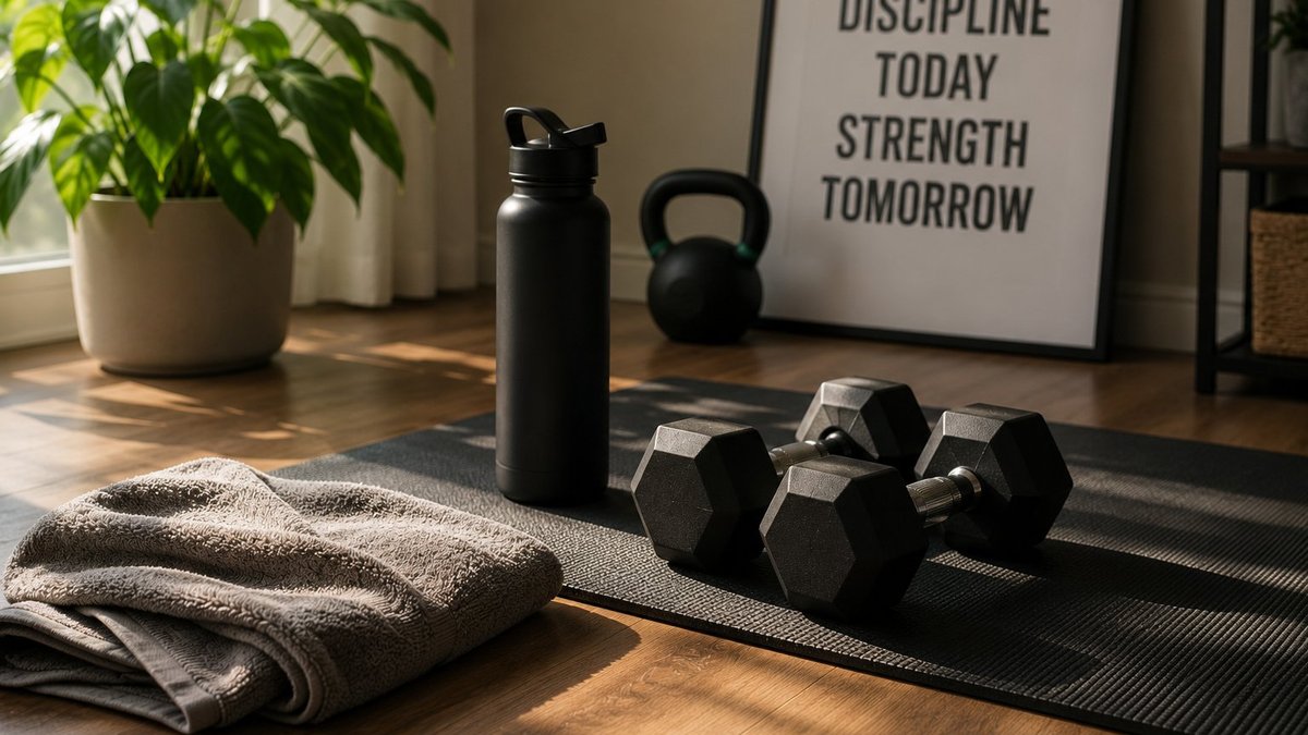 A yoga mat unrolled on a bedroom floor beside a phone showing a workout-tracker screen