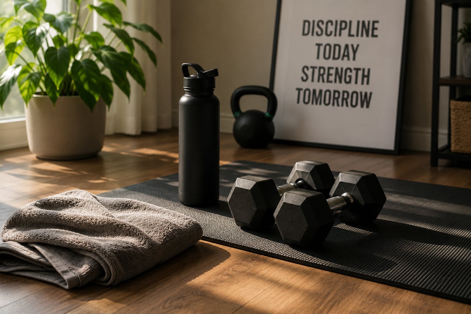 A yoga mat unrolled on a bedroom floor beside a phone showing a workout-tracker screen