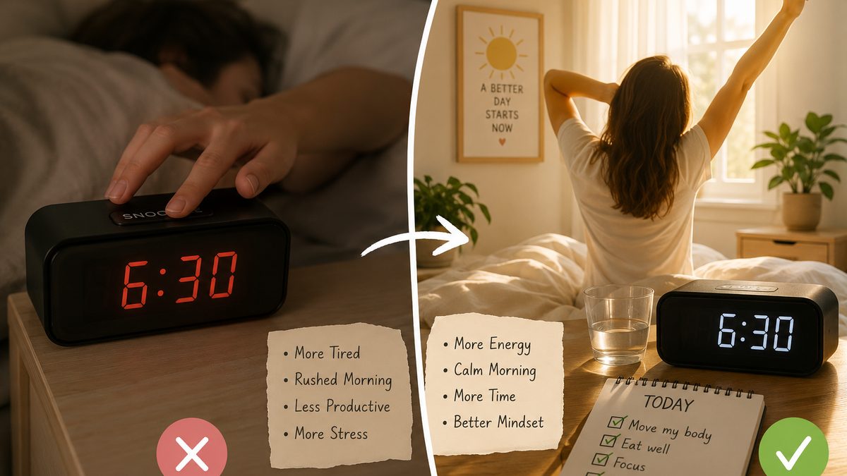 A phone alarm on a bedside table beside a notebook tracking snooze counts each morning