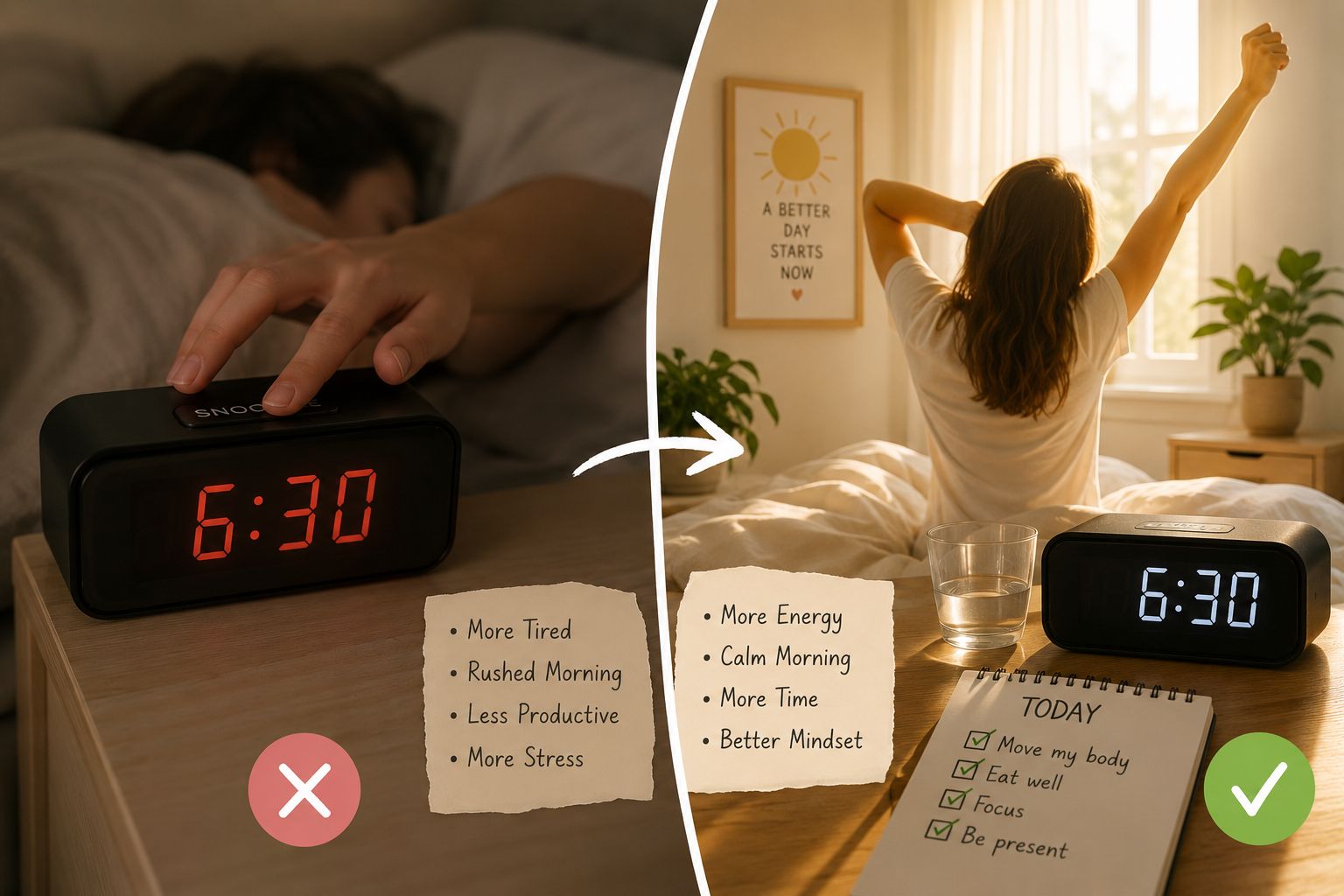 An alarm clock on a nightstand in morning light beside a phone showing a stop-snooze tracker