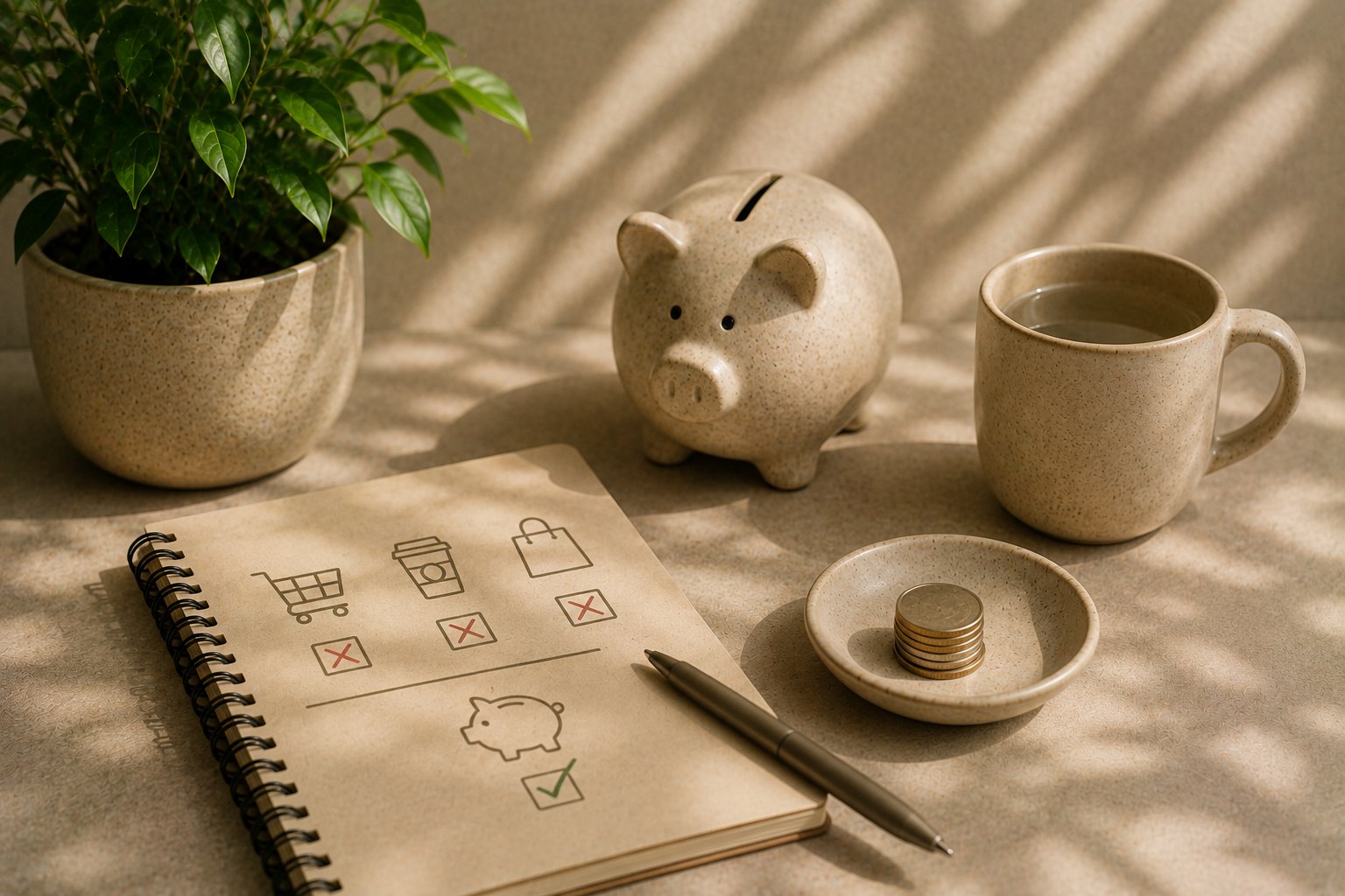 A wallet with cash bills beside a phone showing an impulse-spending tracker, soft natural light