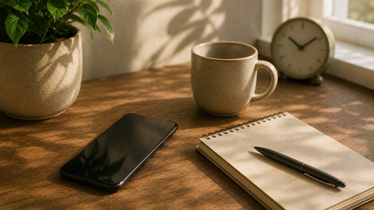 A laptop open to a blank document beside a phone showing a 2-minute micro-task tracker