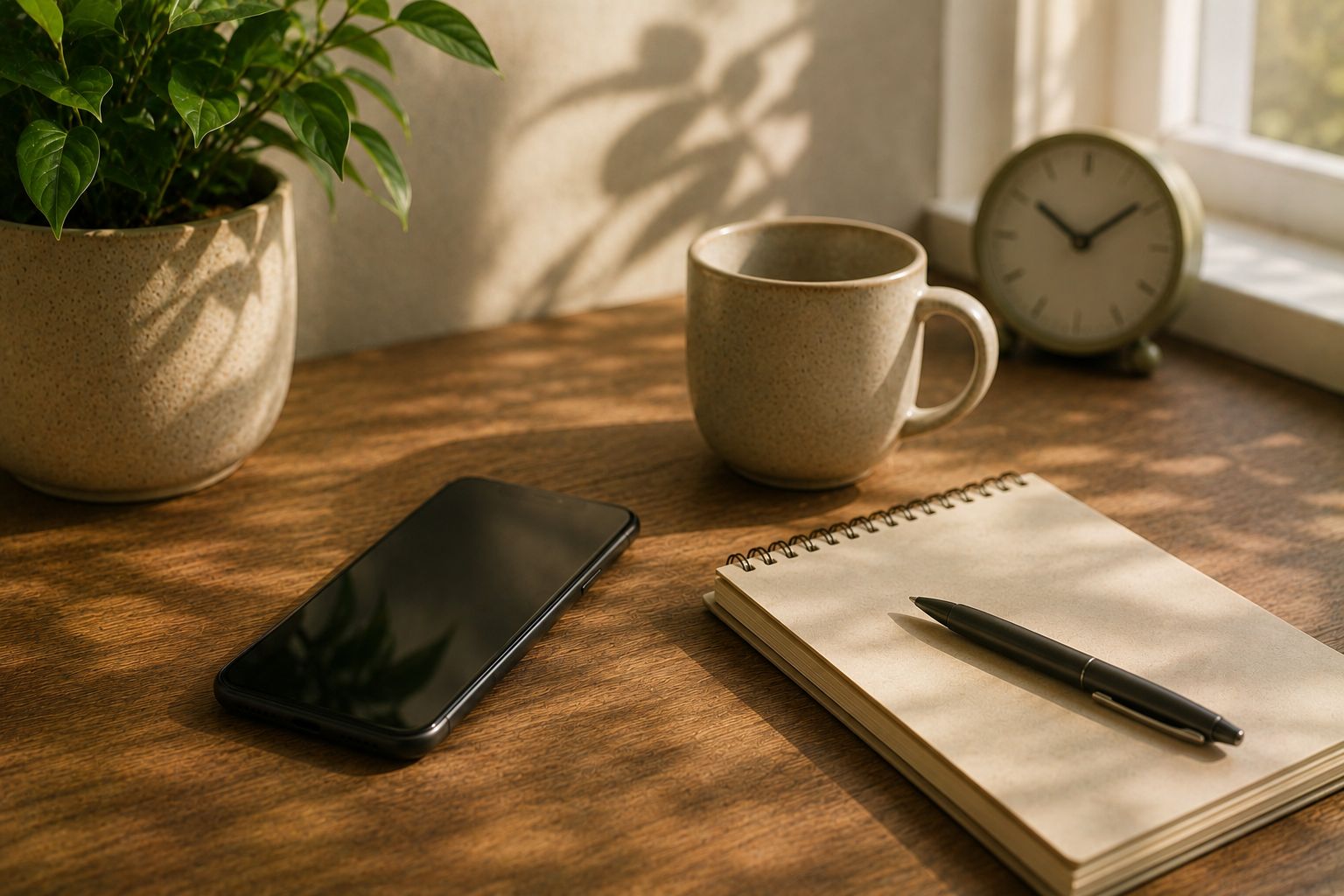 A laptop with a half-written document beside a notebook and a phone showing a stop-procrastinating tracker