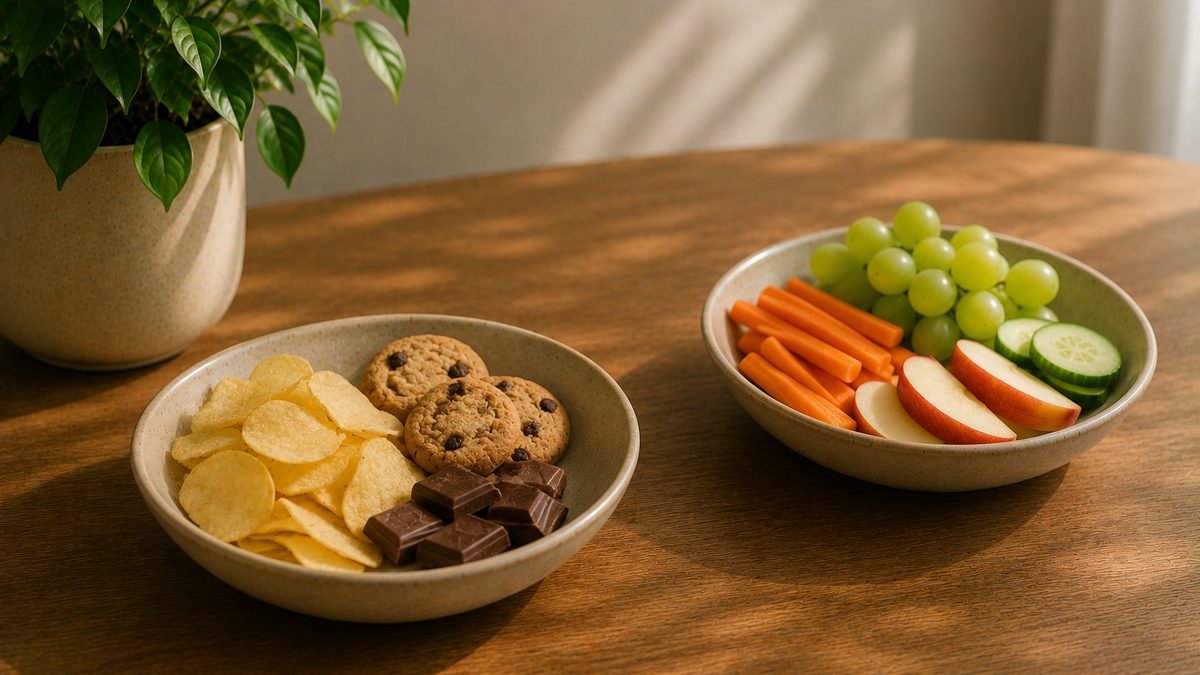 A counter with snack wrappers beside a phone showing a stop-snacking tracker app