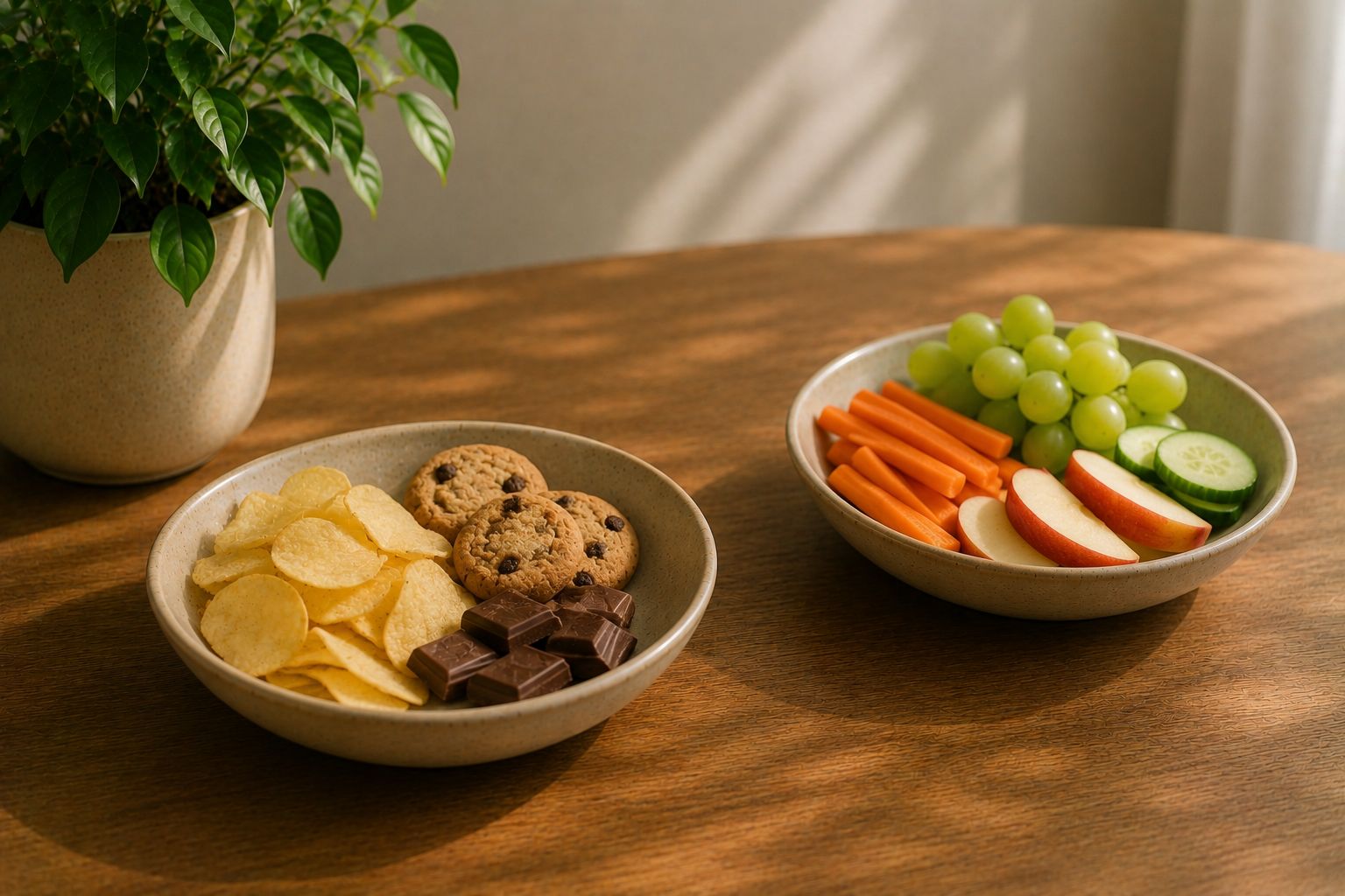 A counter with snack wrappers beside a phone showing a stop-snacking tracker app
