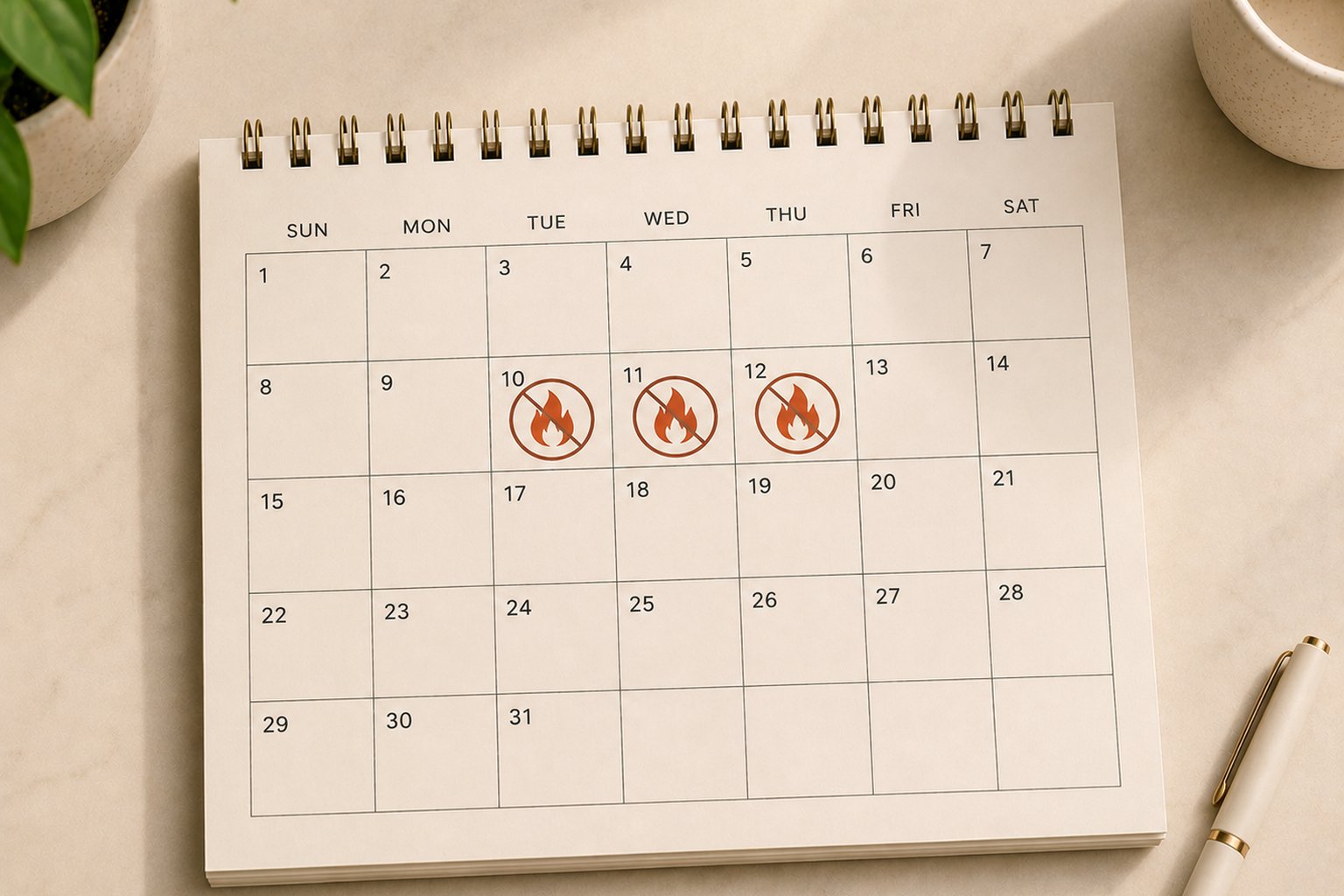 A broken chain on a calendar showing one missed day in red surrounded by green checkmarks