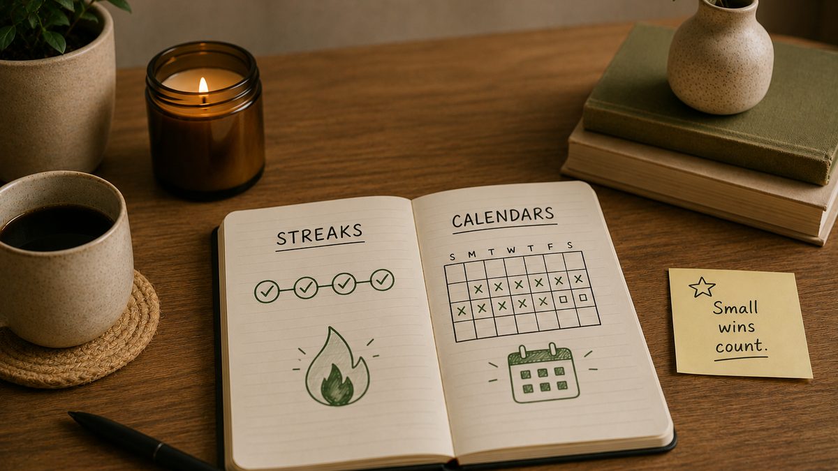 A desk with a streak counter graphic on one phone and a calendar view on another, side by side