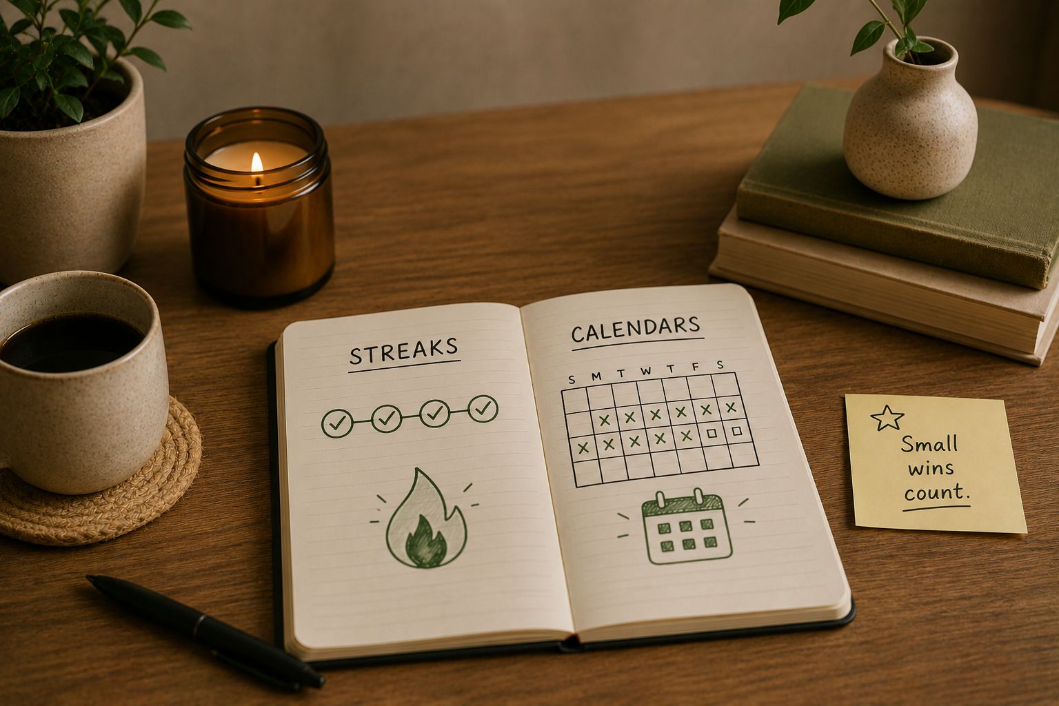 A streak counter on one side and a calendar habit view on the other, illustrating the comparison between tracking models