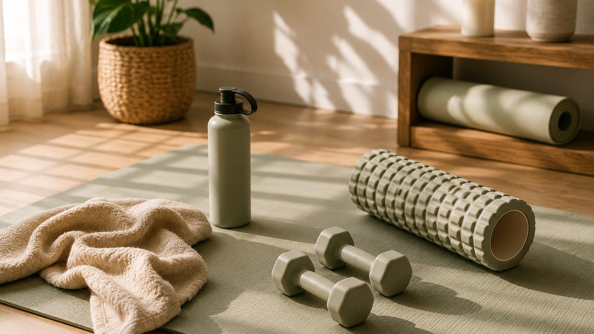 A person doing a forward fold stretch in morning light on a yoga mat