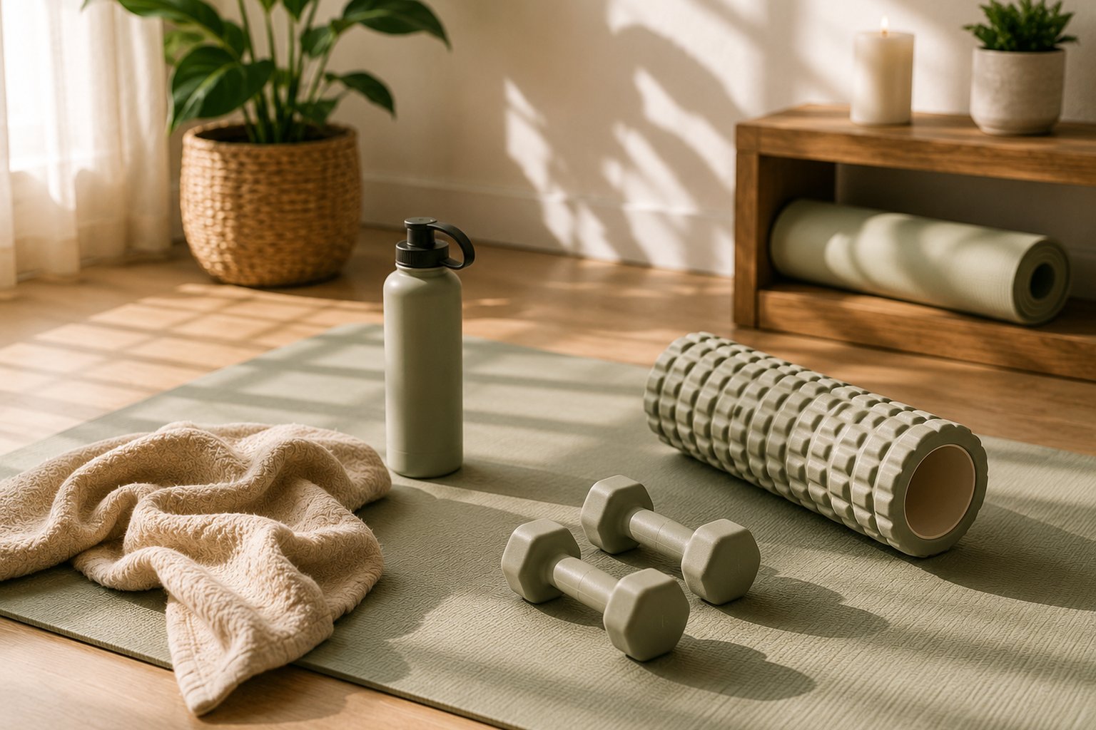A person doing a forward fold stretch in morning light on a yoga mat