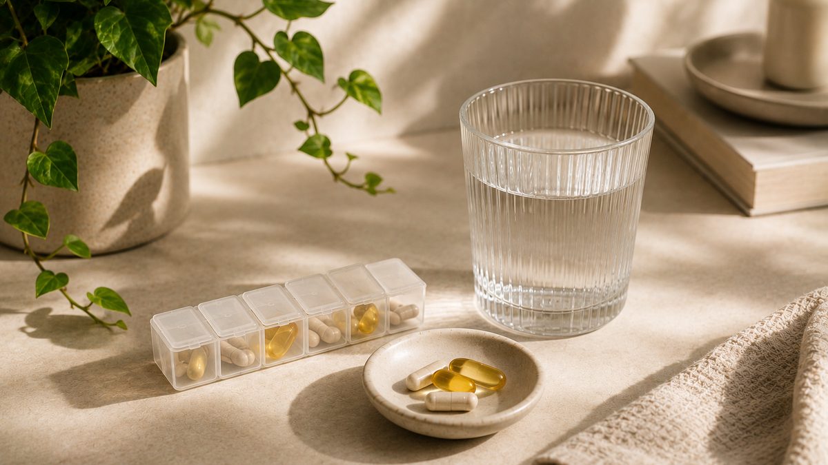 A pill organizer next to a coffee mug on a kitchen counter in morning light