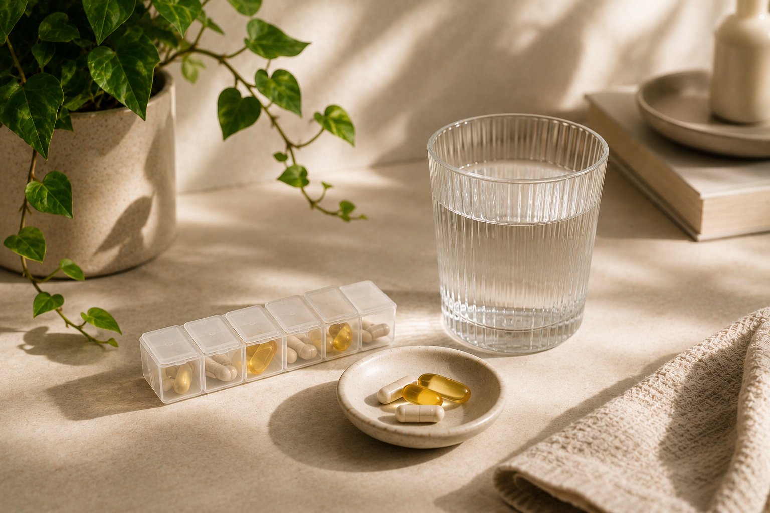 A pill organizer next to a coffee mug on a kitchen counter in morning light
