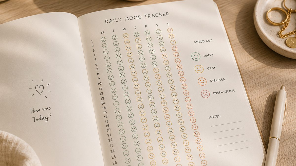 A simple paper mood log with five circles colored in shades of blue and orange