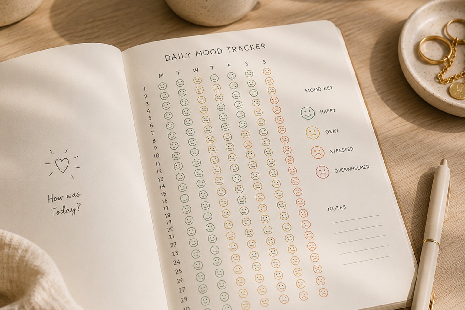 A simple paper mood log with five circles colored in shades of blue and orange