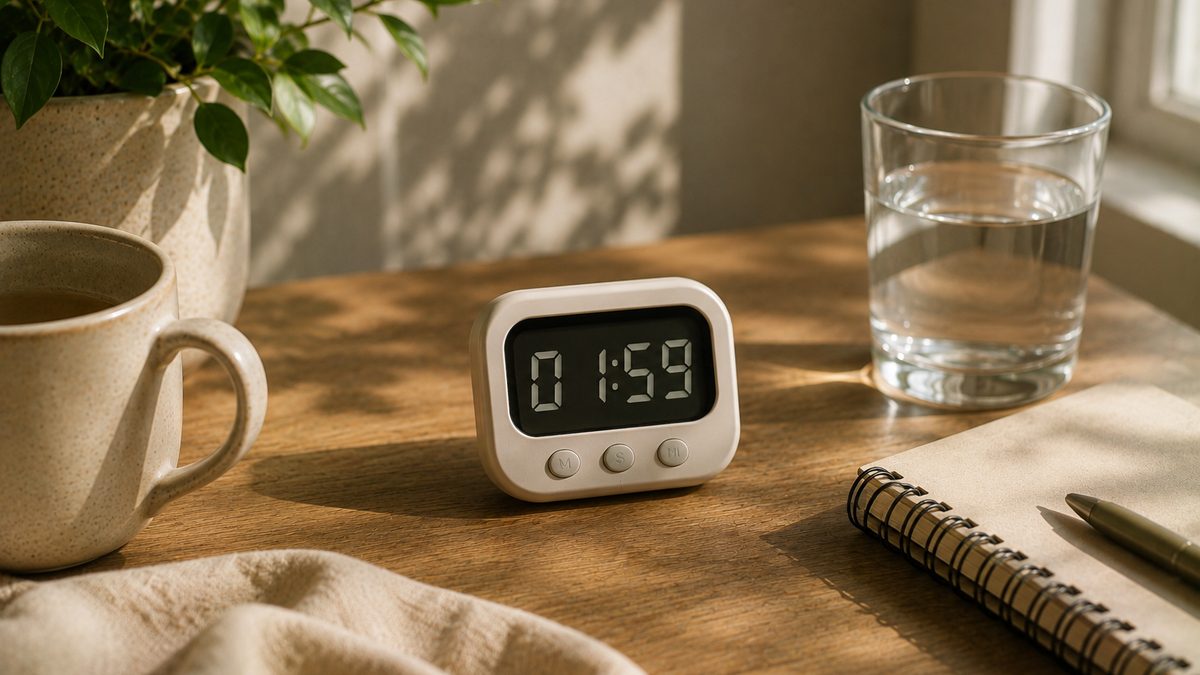 Phone showing a habit tracker with a 2-minute timer beside an open book and a glass of water